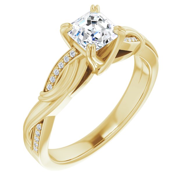 10K Yellow Gold Customizable Cathedral-raised Asscher Cut Design featuring Rope-Braided Half-Pavé Band
