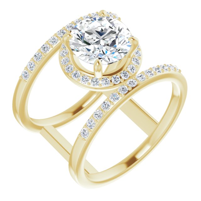 14K Yellow Gold Customizable Round Cut Halo Design with Open, Ultrawide Harness Double Pavé Band
