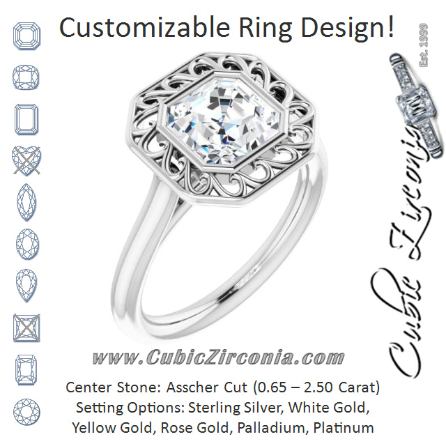 Cubic Zirconia Engagement Ring- The Addie (Customizable Cathedral-Bezel Style Asscher Cut Solitaire with Flowery Filigree)