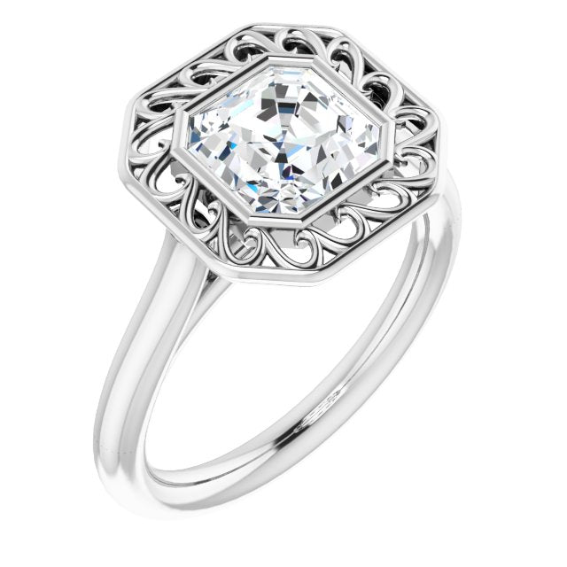 Cubic Zirconia Engagement Ring- The Addie (Customizable Cathedral-Bezel Style Asscher Cut Solitaire with Flowery Filigree)