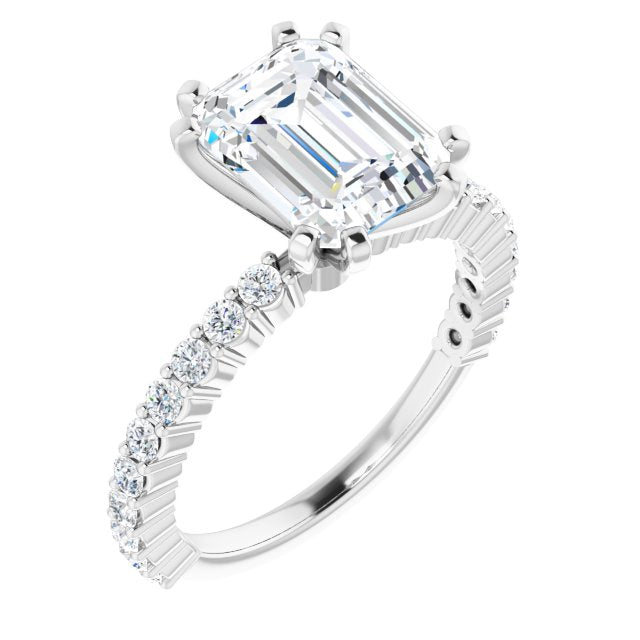 10K White Gold Customizable 8-prong Emerald/Radiant Cut Design with Thin, Stackable Pav? Band
