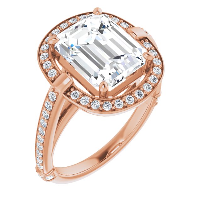 10K Rose Gold Customizable High-Cathedral Emerald/Radiant Cut Design with Halo and Shared Prong Band