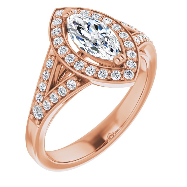10K Rose Gold Customizable Cathedral-set Marquise Cut Style with Accented Split Band and Halo