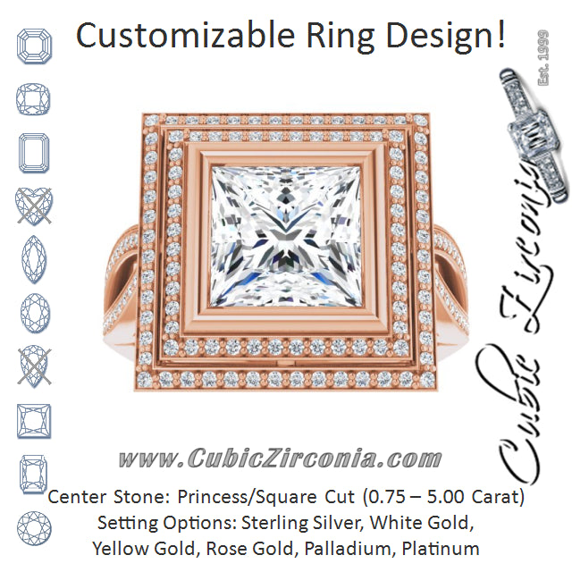 Cubic Zirconia Engagement Ring- The Eliana (Customizable Bezel-set Princess/Square Cut Style with Double Halo and Split Shared Prong Band)