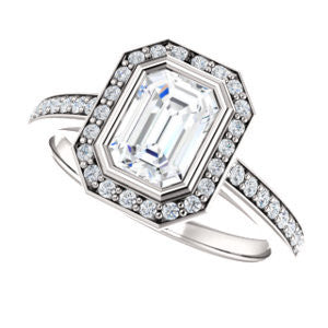 Cubic Zirconia Engagement Ring- The Samira (Customizable Halo-style Emerald Cut with Under-Halo Trellis and Thin Pavé Band)