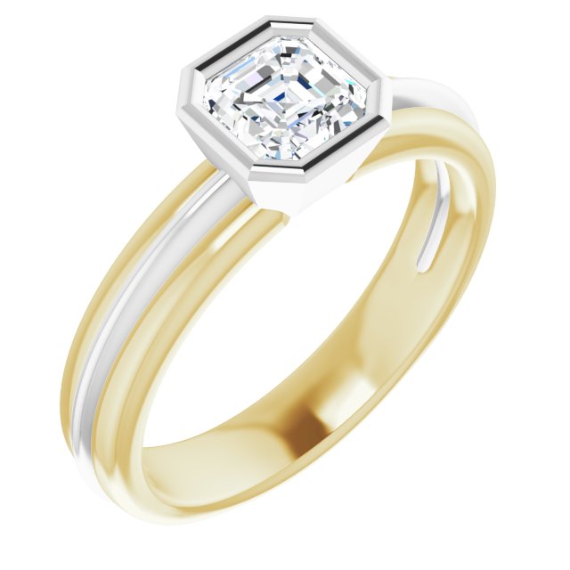14K Yellow & White Gold Customizable Bezel-set Asscher Cut Solitaire with Grooved Band