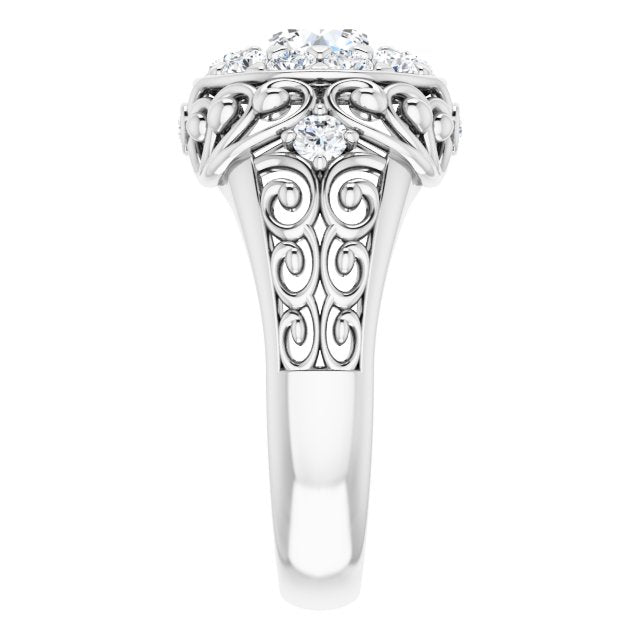 Cubic Zirconia Engagement Ring- The Vanessa (Customizable Round Cut Halo Style with Round Prong Side Stones and Intricate Metalwork)