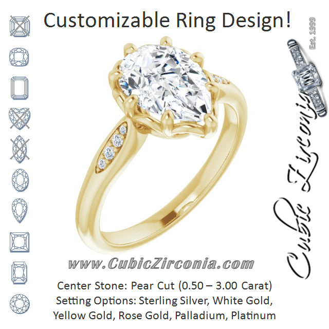 Cubic Zirconia Engagement Ring- The Sandhya (Customizable 9-stone Pear Cut Design with 8-prong Decorative Basket & Round Cut Side Stones)