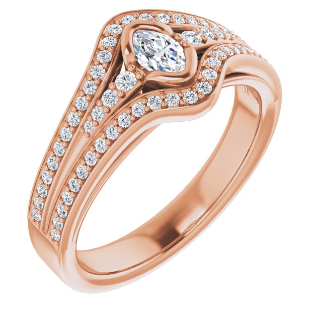 10K Rose Gold Customizable Cathedral-Bezel Marquise Cut Design with Wide Triple-Split-Pavé Band