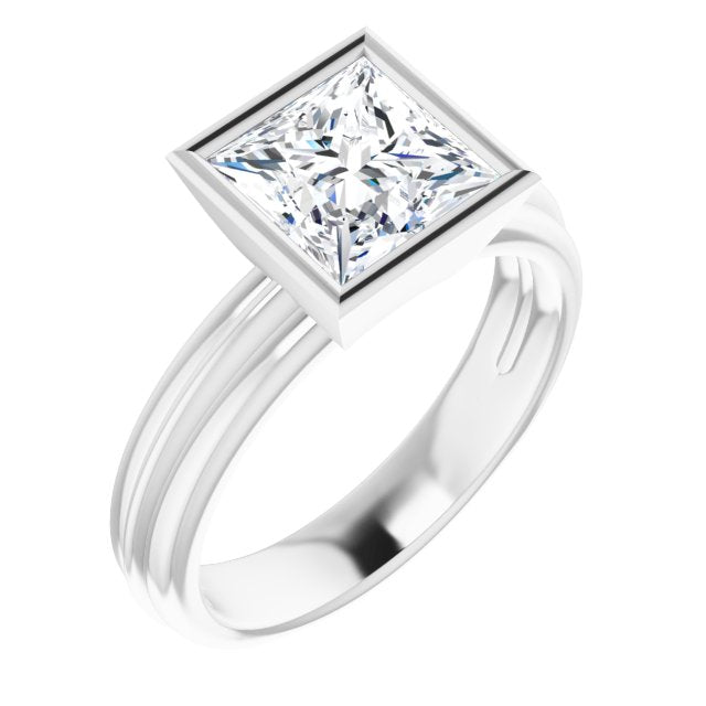10K White Gold Customizable Bezel-set Princess/Square Cut Solitaire with Grooved Band