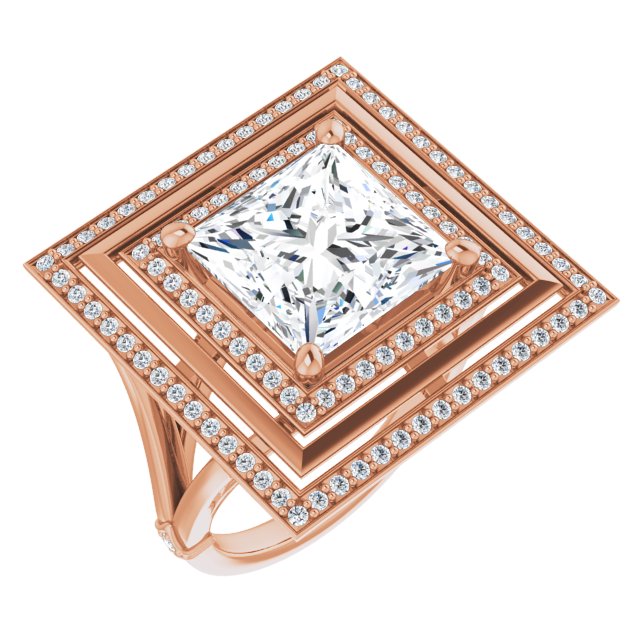 10K Rose Gold Customizable Princess/Square Cut Oversized 2x Halo Style with Knuckle Accented Split Band