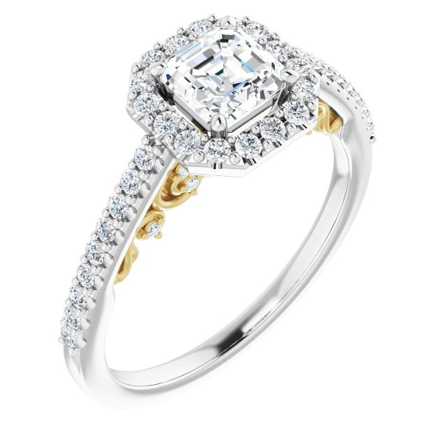 14K White & Yellow Gold Customizable Cathedral-Halo Asscher Cut Design with Carved Metal Accent plus Pavé Band