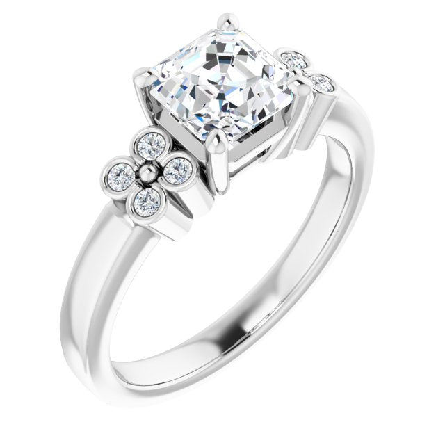 10K White Gold Customizable 9-stone Design with Asscher Cut Center and Complementary Quad Bezel-Accent Sets