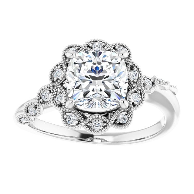 Cubic Zirconia Engagement Ring- The Makayla Belle (Customizable 3-stone Design with Cushion Cut Center and Halo Enhancement)