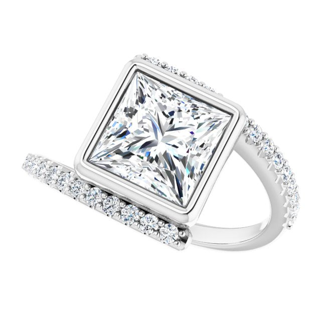 Cubic Zirconia Engagement Ring- The Pocahontas (Customizable Bezel-set Princess/Square Cut Design with Bypass Pavé Band)