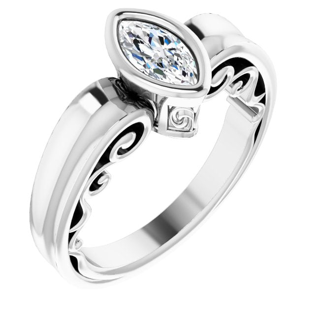 10K White Gold Customizable Bezel-set Marquise Cut Solitaire with Wide 3-sided Band