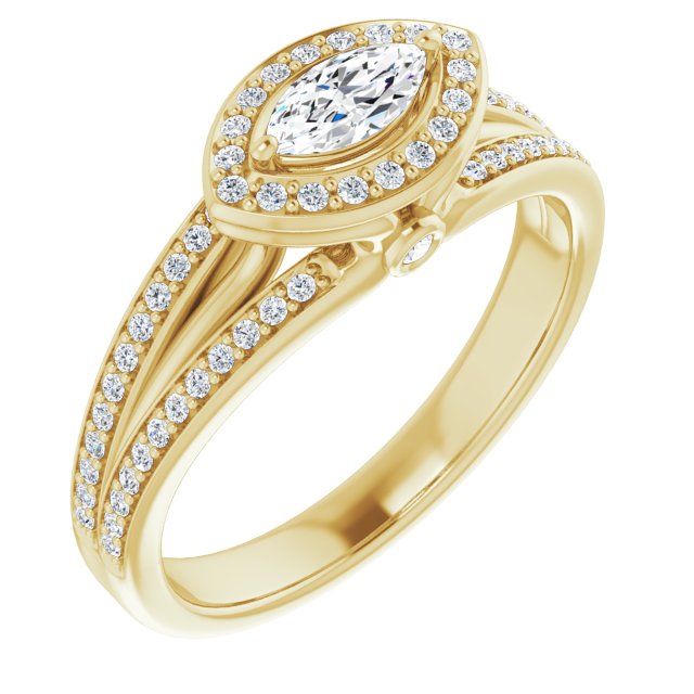 10K Yellow Gold Customizable High-set Marquise Cut Design with Halo, Wide Tri-Split Shared Prong Band and Round Bezel Peekaboo Accents