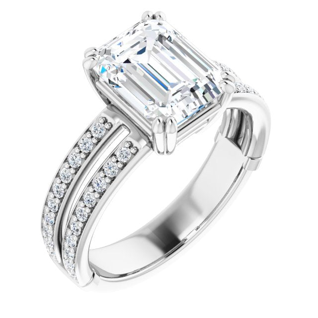 14K White Gold Customizable Emerald/Radiant Cut Design featuring Split Band with Accents