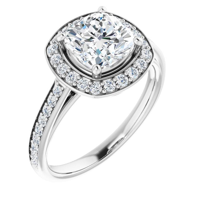 Cubic Zirconia Engagement Ring- The Natascha Eva (Customizable Cathedral-raised Cushion Cut Halo-and-Accented Band Design)