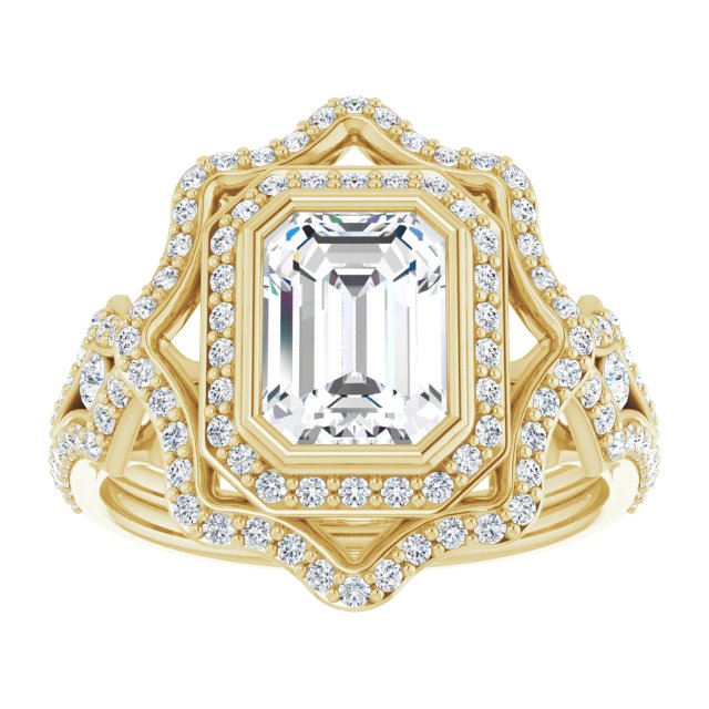Cubic Zirconia Engagement Ring- The Arya (Customizable Emerald Cut Style with Ultra-wide Pavé Split-Band and Nature-Inspired Double Halo)