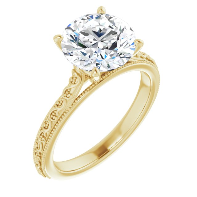 10K Yellow Gold Customizable Round Cut Solitaire with Delicate Milgrain Filigree Band