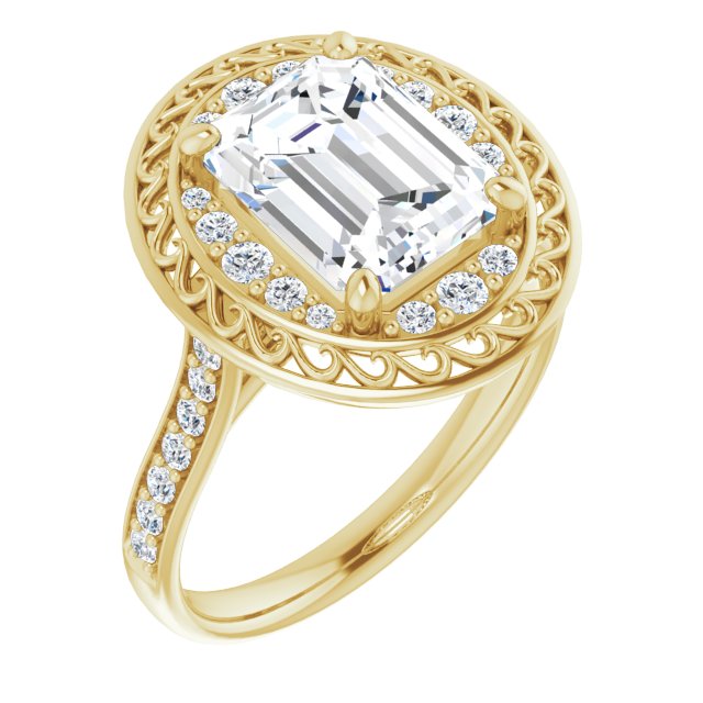 10K Yellow Gold Customizable Cathedral-style Emerald/Radiant Cut featuring Cluster Accented Filigree Setting & Shared Prong Band