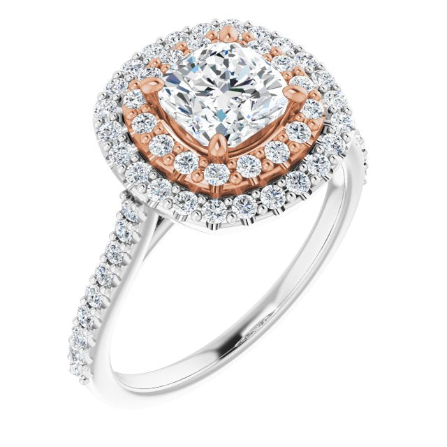 14K White & Rose Gold Customizable Double-Halo Cushion Cut Design with Accented Split Band