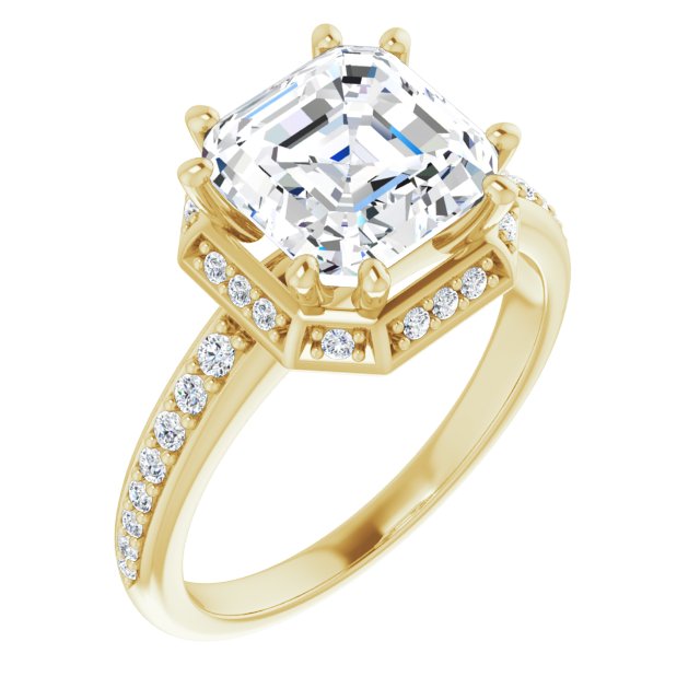 10K Yellow Gold Customizable Asscher Cut Design with Geometric Under-Halo and Shared Prong Band