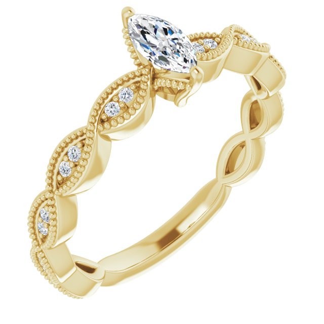 10K Yellow Gold Customizable Marquise Cut Artisan Design with Scalloped, Round-Accented Band and Milgrain Detail