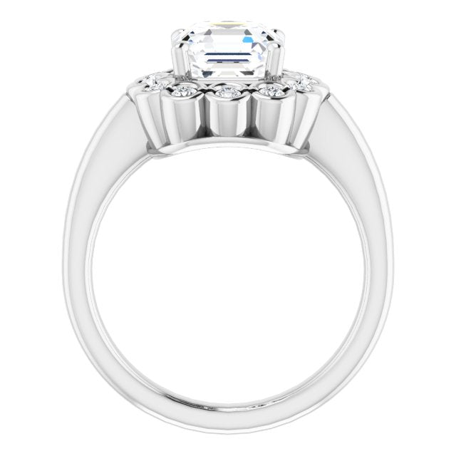 Cubic Zirconia Engagement Ring- The Aabha (Customizable 13-stone Asscher Cut Design with Floral-Halo Round Bezel Accents)