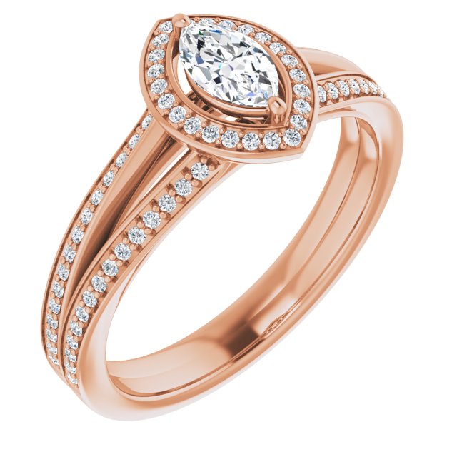 10K Rose Gold Customizable Marquise Cut Design with Split-Band Shared Prong & Halo