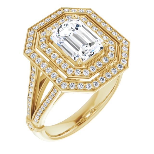 Cubic Zirconia Engagement Ring- The Chaunte (Customizable Cathedral-set Radiant Cut Design with Double Halo, Wide Split-Shared Prong Band and Side Knuckle Accents)
