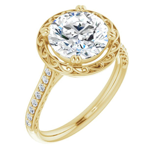 10K Yellow Gold Customizable Round Cut Halo Design with Filigree and Accented Band