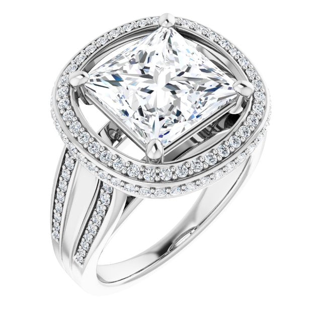 10K White Gold Customizable Halo-style Princess/Square Cut with Under-halo & Ultra-wide Band