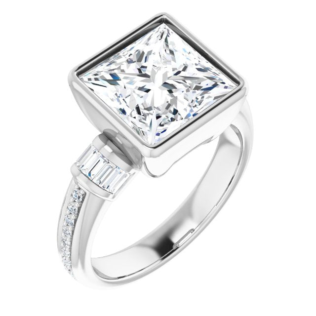 10K White Gold Customizable Cathedral-Bezel Princess/Square Cut Style with Horizontal Baguettes & Shared Prong Band