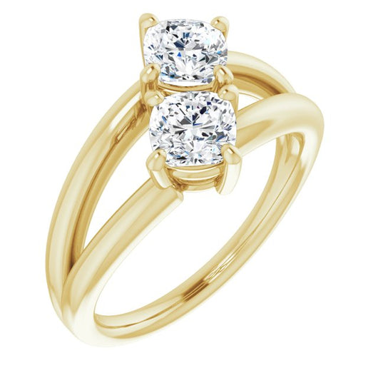 10K Yellow Gold Customizable Two Stone Double Cushion Cut Design with Split Bypass Band