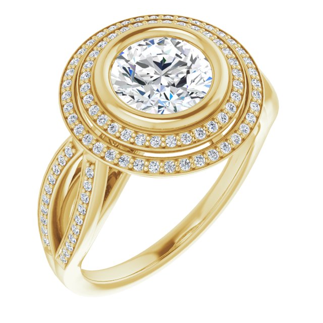 10K Yellow Gold Customizable Bezel-set Round Cut Style with Double Halo and Split Shared Prong Band