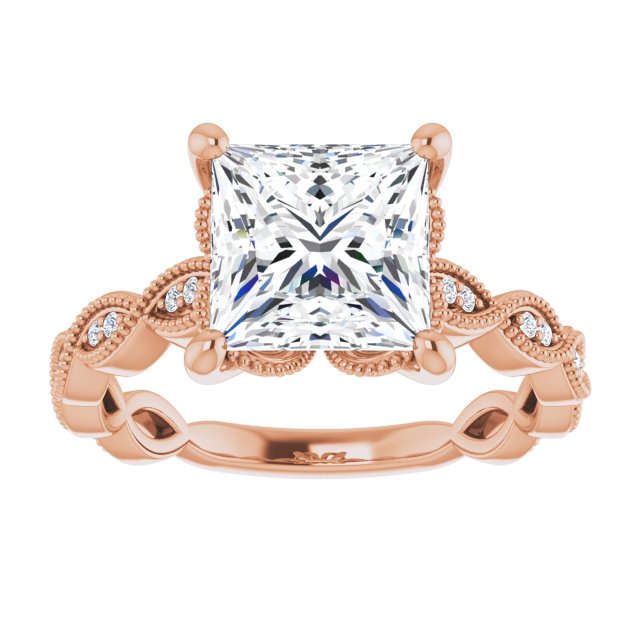 Cubic Zirconia Engagement Ring- The Shanice (Customizable Princess/Square Cut Artisan Design with Scalloped, Round-Accented Band and Milgrain Detail)