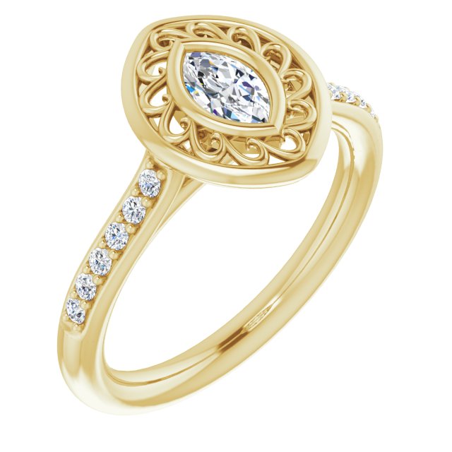 10K Yellow Gold Customizable Cathedral-Bezel Marquise Cut Design with Floral Filigree and Thin Shared Prong Band