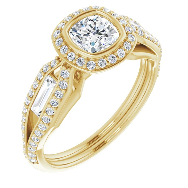10K Yellow Gold Customizable Cathedral-Bezel Cushion Cut Design with Halo, Split-Pavé Band & Channel Baguettes