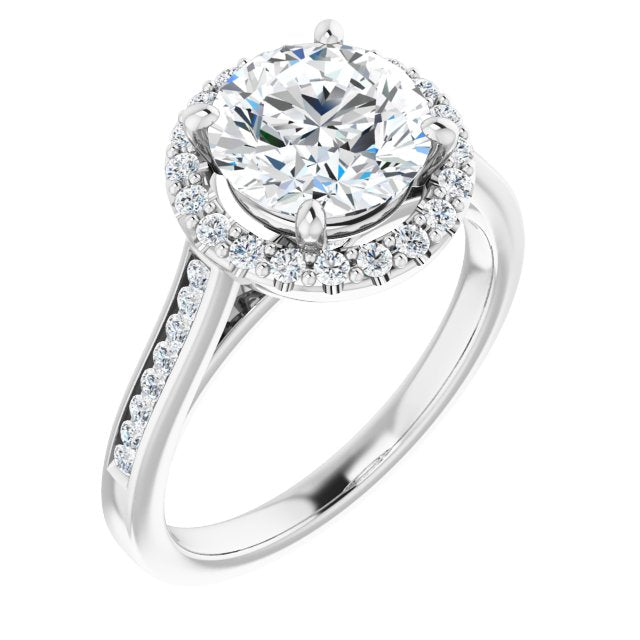 18K White Gold Customizable Round Cut Design with Halo, Round Channel Band and Floating Peekaboo Accents