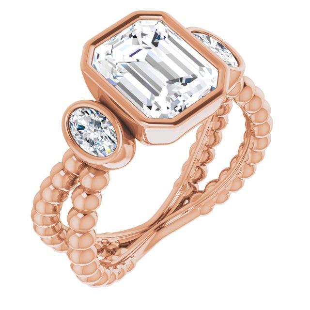 10K Rose Gold Customizable 3-stone Emerald/Radiant Cut Design with 2 Oval Cut Side Stones and Wide, Bubble-Bead Split-Band