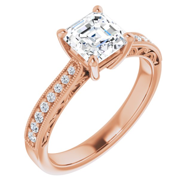 10K Rose Gold Customizable Asscher Cut Design with Round Band Accents and Three-sided Filigree Engraving