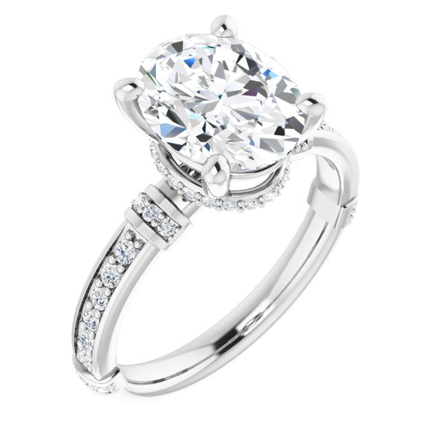 10K White Gold Customizable Oval Cut Style featuring Under-Halo, Shared Prong and Quad Horizontal Band Accents