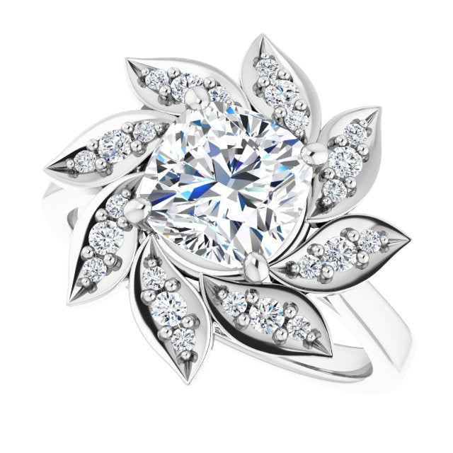 Cubic Zirconia Engagement Ring- The Xiùying (Customizable Cushion Cut Design with Artisan Floral Halo)