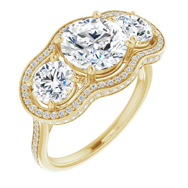 14K Yellow Gold Customizable 3-stone Round Cut Design with Multi-Halo Enhancement and 150+-stone Pavé Band