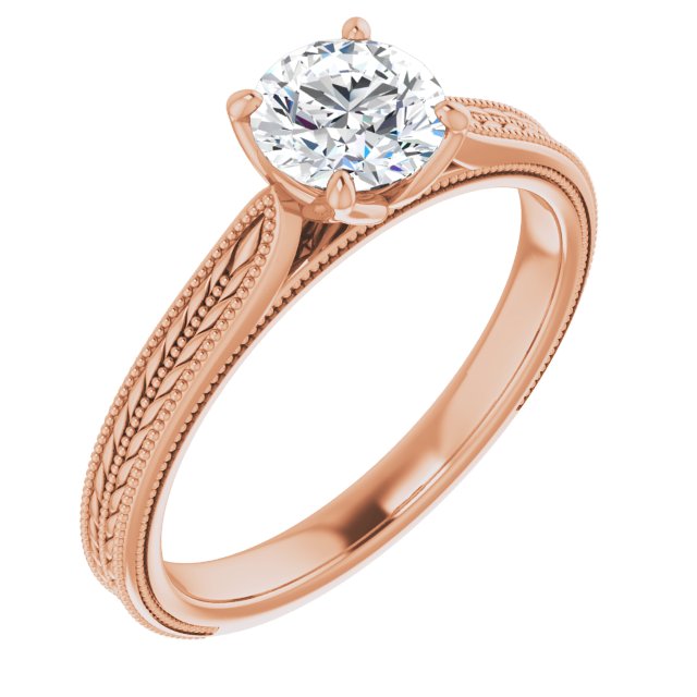 10K Rose Gold Customizable Round Cut Solitaire with Wheat-inspired Band 