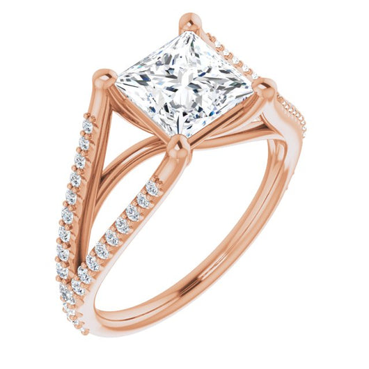 10K Rose Gold Customizable Cathedral-raised Princess/Square Cut Center with Exquisite Accented Split-band