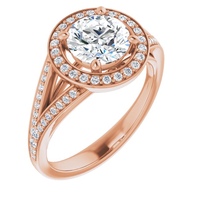 10K Rose Gold Customizable Cathedral-Halo Round Cut Style featuring Split-Shared Prong Band