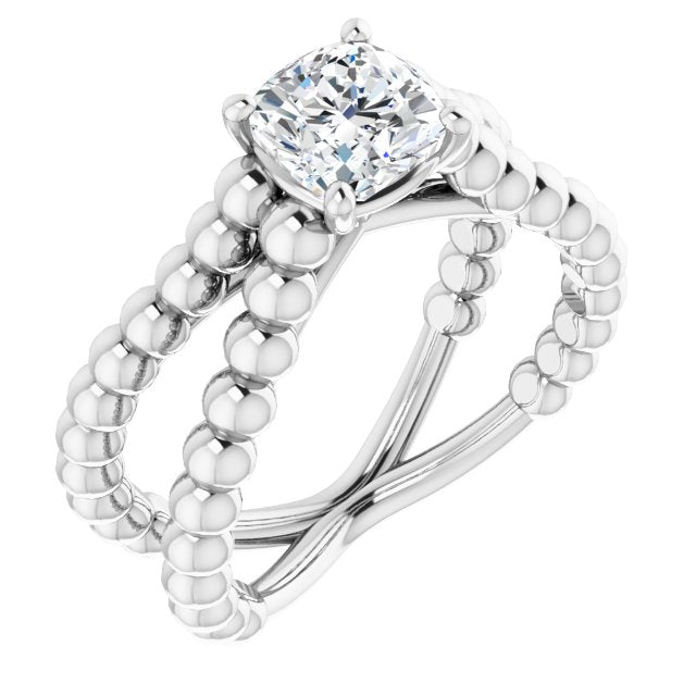 10K White Gold Customizable Cushion Cut Solitaire with Wide Beaded Split-Band